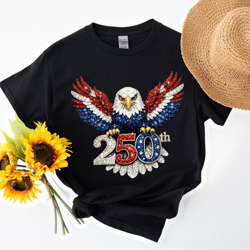 250 USA Aniversary T-shirt patriotic faux American Eagle rhinestones S M L XL Nw